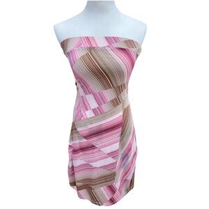 Kona Strapless Geometric Striped Midi Dress Pink Mauve Brown Y2K Retro Bodycon S